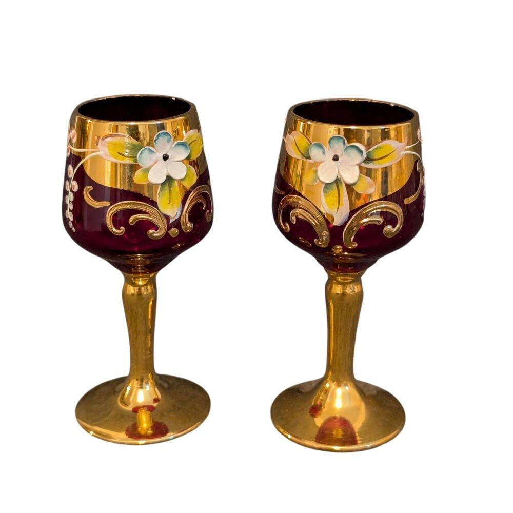 Vintage 1950s 2 Red Stemmed Cordials Murano Italy Venetian Glass Heavy Gilt